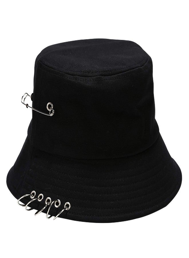 Umeepar Five Ring &Safety Pin Decor Cotton Bucket Hat Packable Beach Sun Hat for Womens Men (US, Alpha, One Size, Black) - Image 1